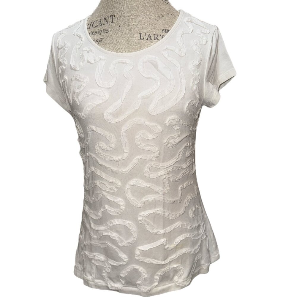 Cable & Gauge White Ribbon Ruffle Front Short Sleeve Blouse Women's Petite PL